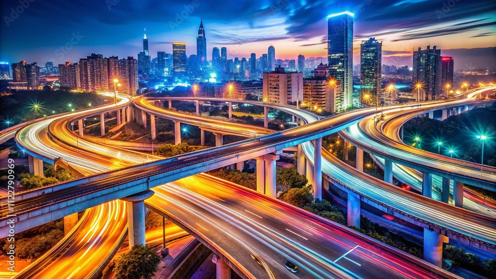 Fototapeta premium Captivating Double Exposure Photography of a Large Urban Ring Highway Viaduct at Night with Long Exposure Light Trails Creating a Stunning Night Scene of City Life