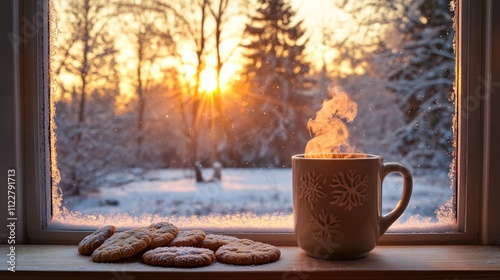 Warm Winter Glow: Snowy View through Frosted Window with Mug and Cookies photo