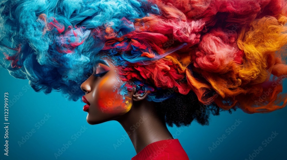 Fototapeta premium Brain rot concept. Vibrant hair color with colorful clouds around a profile view of a woman.