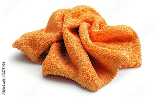 A crumpled orange cleaning cloth isolated on white background.