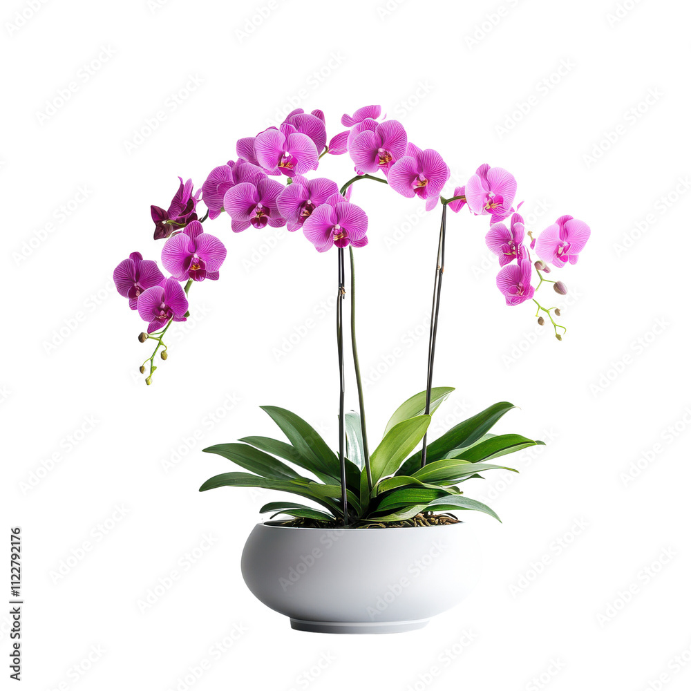 Naklejka premium A vibrant pink orchid plant with multiple stems and lush green leaves, elegantly displayed in a white pot.