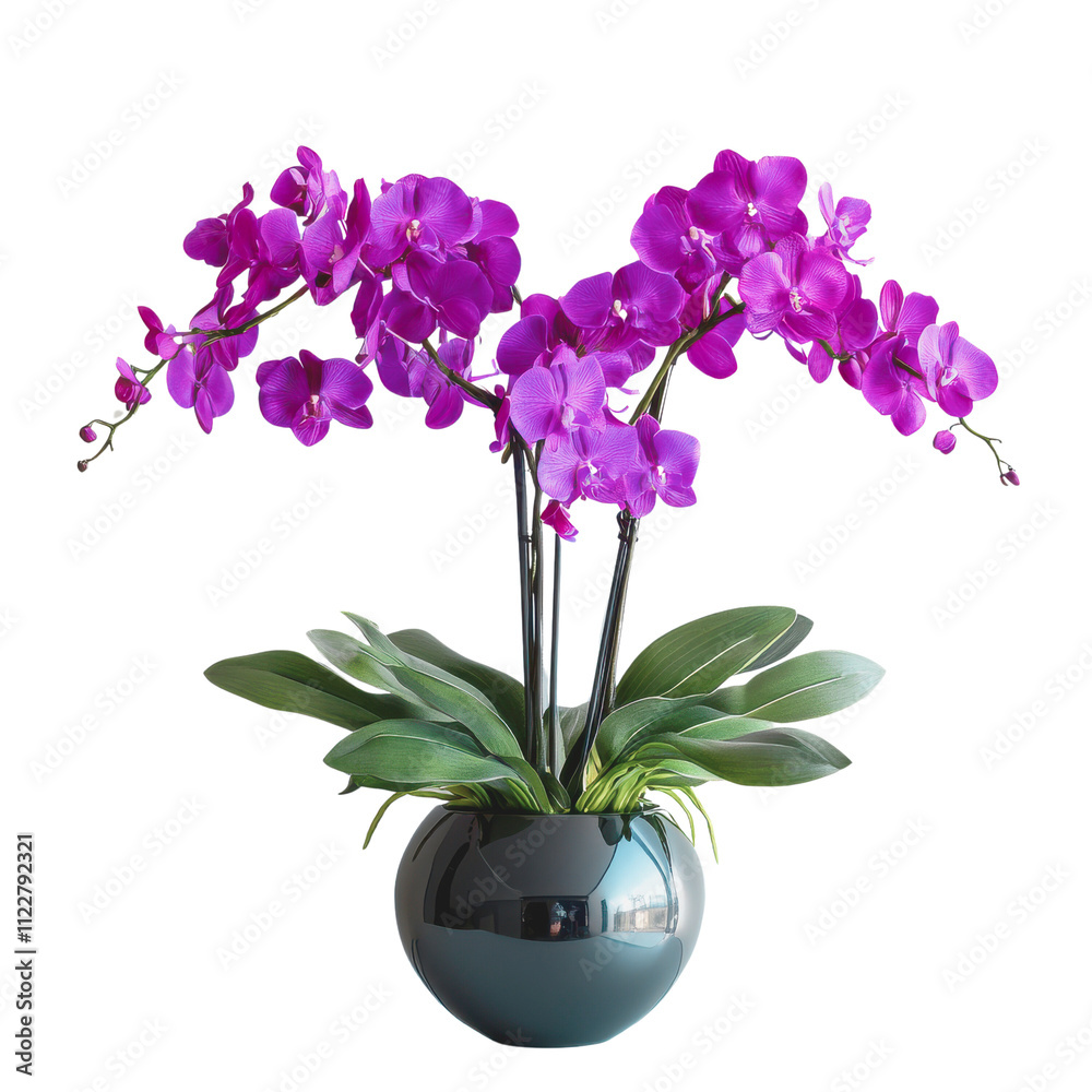 Naklejka premium A vibrant arrangement of purple orchids in a sleek vase, showcasing lush green leaves and elegant floral beauty.