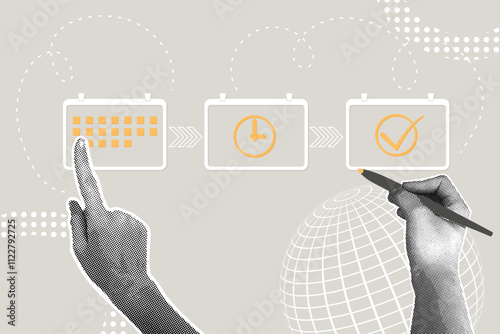 Trendy halftone collage. Agenda concept, changes, meeting appointment, information. Make changes to the day's agenda, reconcile the day's schedule, mark completed to-do's