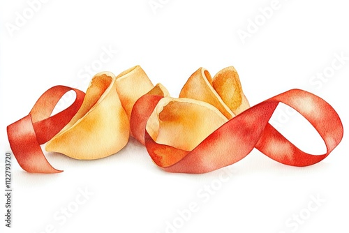 Watercolor Painting of Fortune Cookies and Red Ribbon photo