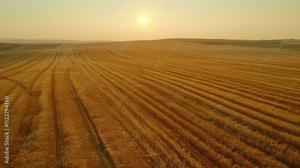 Golden wheat field at sunset with dramatic shadows and warm tones