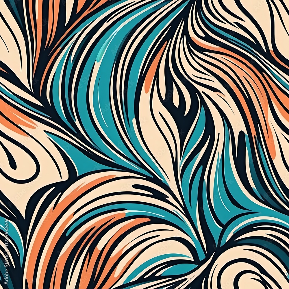 Obraz premium Abstract Teal and Peach Swirls: A captivating seamless pattern featuring flowing, organic shapes in a vibrant palette of teal, peach, and cream. Perfect for textile design, wallpapers, and more.