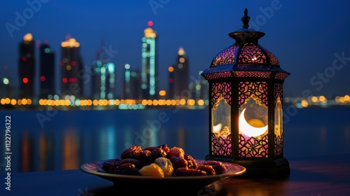 Ramadan lantern with dates in front of a cityscape at twilight. photo