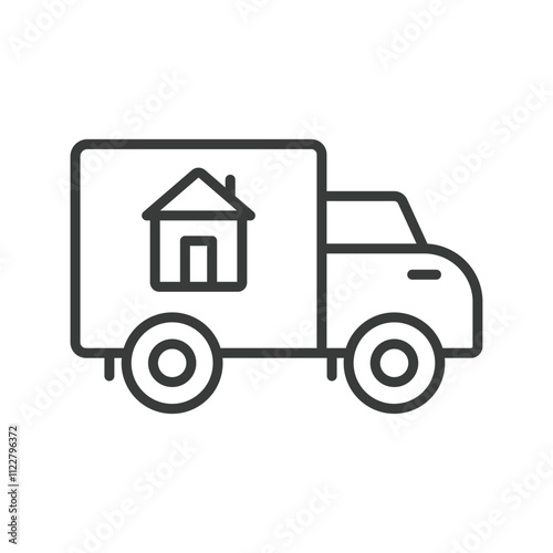 Moving to new house, icon in line design. Moving, house, relocation, new, home, transportation, boxes on white background vector. Moving to new house editable stroke icon