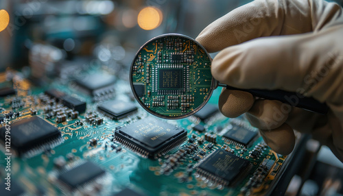 technician inspects circuit board with magnifying glass, highlighting intricate details of microchips and electronic components. focus precision reflects importance of quality control technology