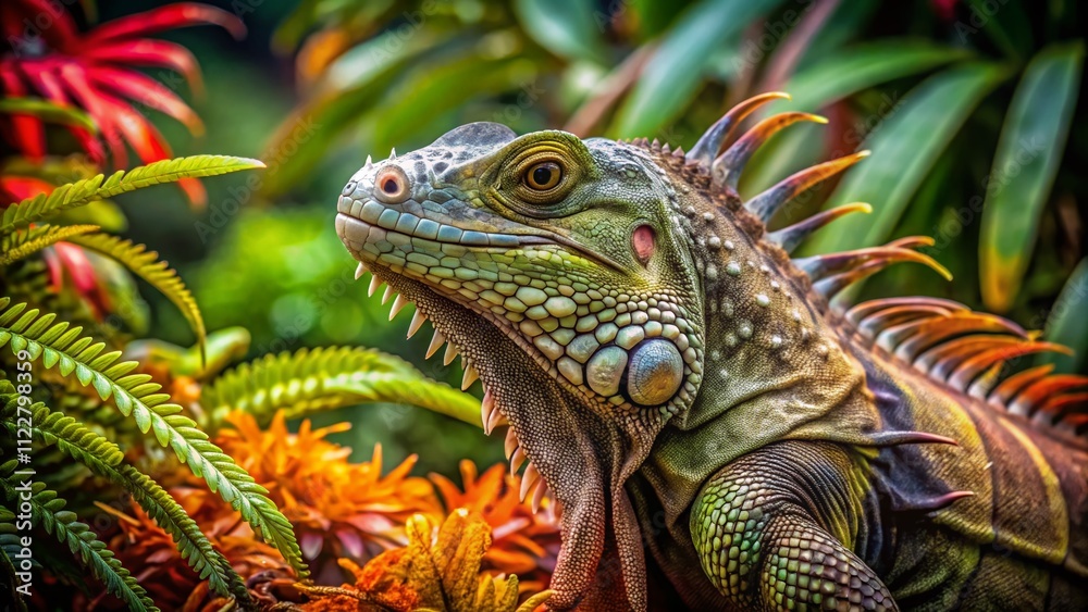 Fototapeta premium Captivating Iguana in Its Natural Habitat: A Stunning Documentary Photography Showcase of Nature's Resilient Reptile in Lush Green Surroundings, Highlighting Its Unique Features and Behavior