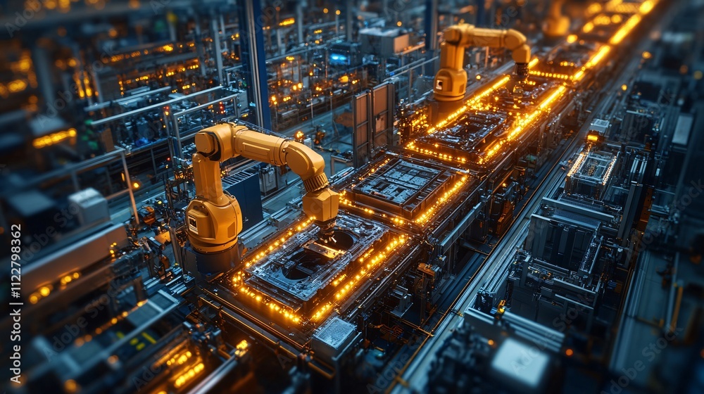 Fototapeta premium Aerial View of Robots at Work in a Modern Factory