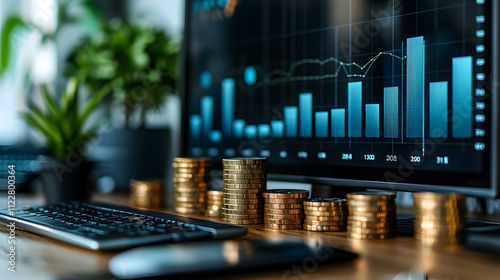 Stacks of coins on desk near financial charts