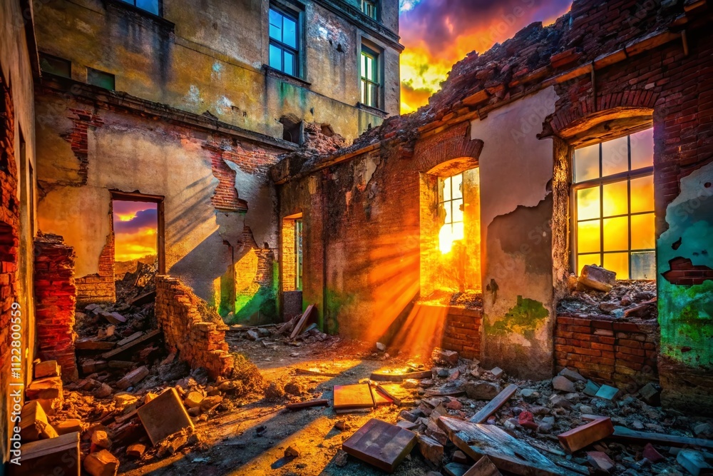 Fototapeta premium Captivating Light Effects on a Destroyed Building Wall, Showcasing the Beauty of Decay and Urban Exploration in Candid Photography