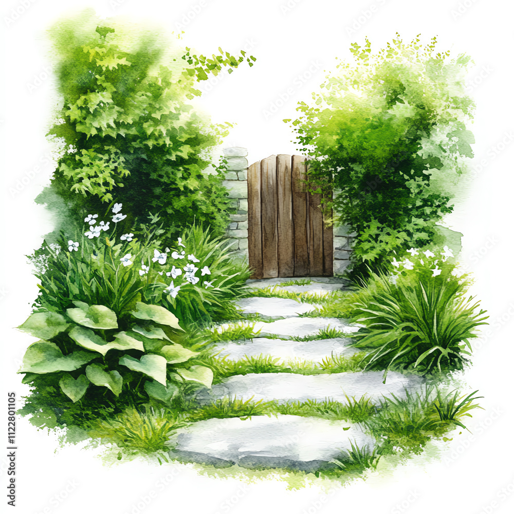 Fototapeta premium A serene garden pathway leading to a rustic wooden gate surrounded by lush greenery.
