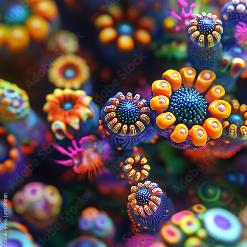 Rendered photos of colorful coral reefs of floral shapes made with generative AI