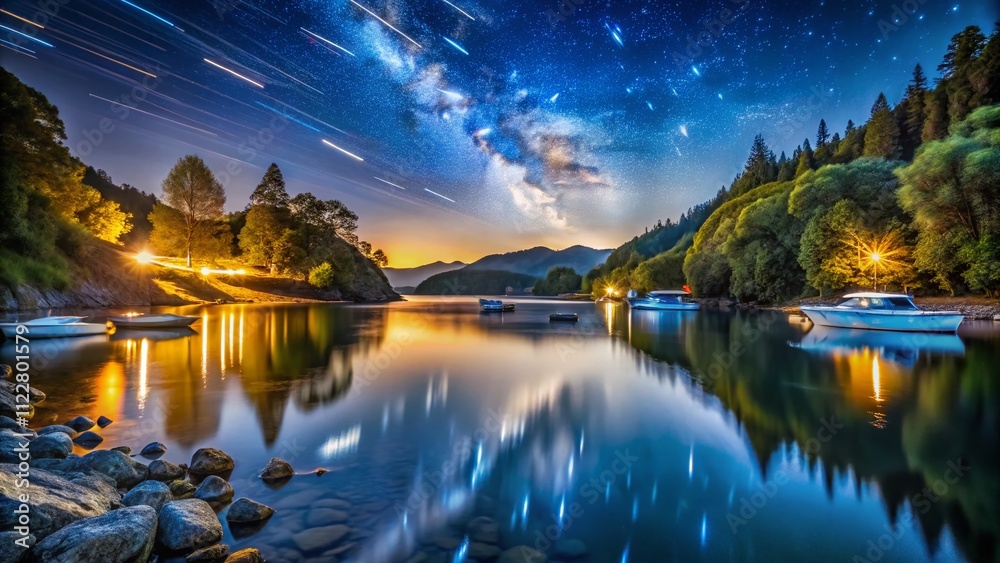 Obraz premium Captivating Long Exposure Night Scene of a Serene River Flowing Under a Starry Sky, Showcasing Reflections and Light Trails from Passing Boats