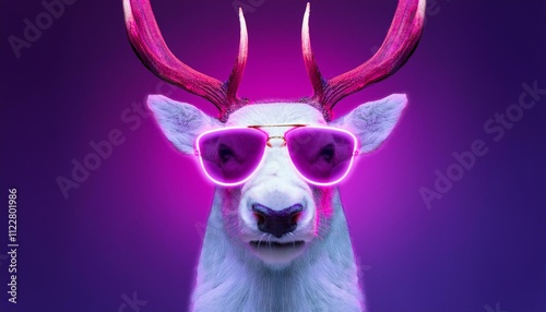 Neon cyberpunk futuristic portrait in pop art style of white reindeer with large strong horns and modern sunglasses. Purple lights photo