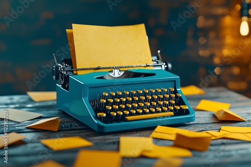 Vintage Typewriter with Bright Yellow Paper Envelopes on Wooden Table in Cozy Setting, Capturing Nostalgia and Creativity in a Modern World photo