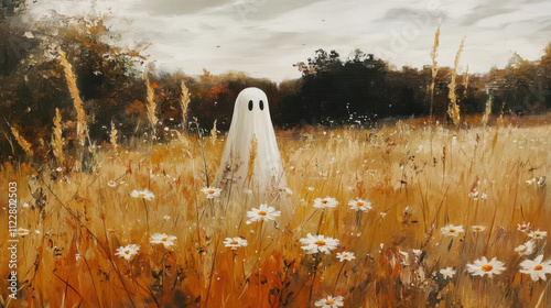 whimsical ghost figure stands in golden field of flowers, surrounded by tall grass and autumn foliage. scene evokes sense of mystery and enchantment