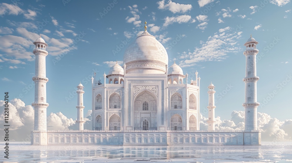 Obraz premium The Taj Mahal reflected in a frozen lake with cloudy sky. AI generative. .