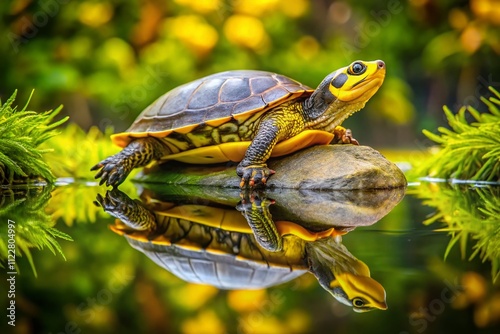 Captivating Low Light Photography of a Cute Yellow-Headed Temple Turtle Heosemys Annandalii in Its Natural Habitat, Showcasing Its Unique Features and Serene Environment photo