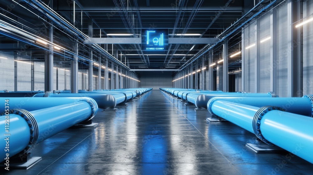 Obraz premium A modern industrial interior featuring long blue pipes and a digital display, showcasing a clean and organized environment.