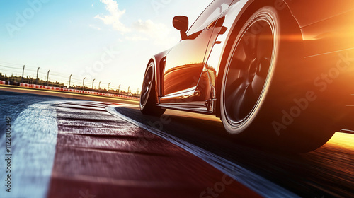 A sleek race car speeding down a straight section of a racetrack, leaving tire marks on the asphalt, with a clear blue sky in the background, capturing the speed and precision of the vehicle in motion