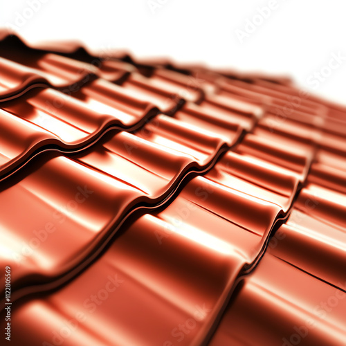 Close-up of a red ceramic roof tile with a smooth, wavy surface for architectural design. photo