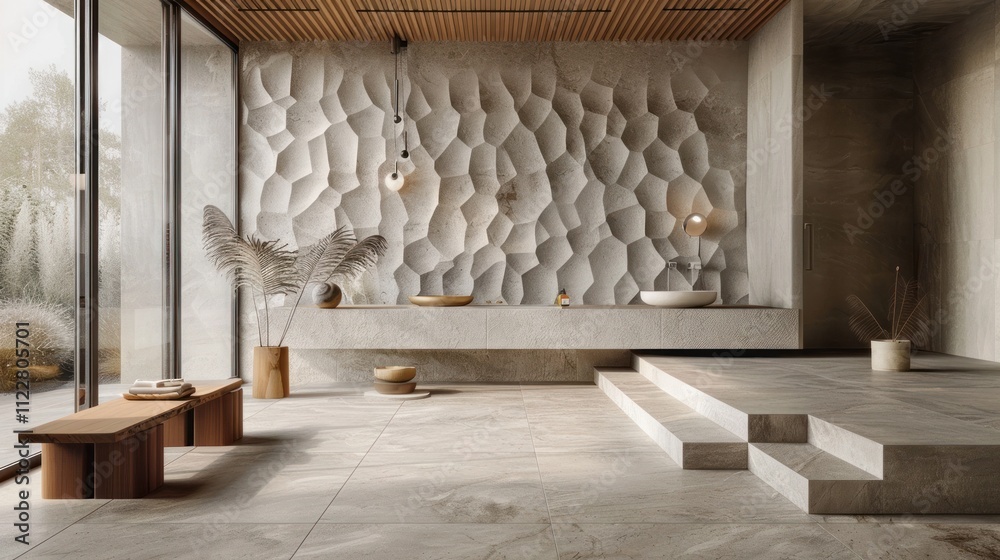 Obraz premium Minimalist and Serene Interior Design with Geometric Stone Wall Decor Organic Wood Furniture and Abundant Natural Light Creating a Calming Tranquil Atmosphere