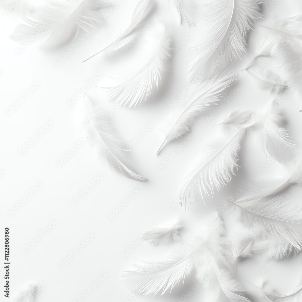 Fototapeta premium Delicate white feathers gently scattered on a soft white background.