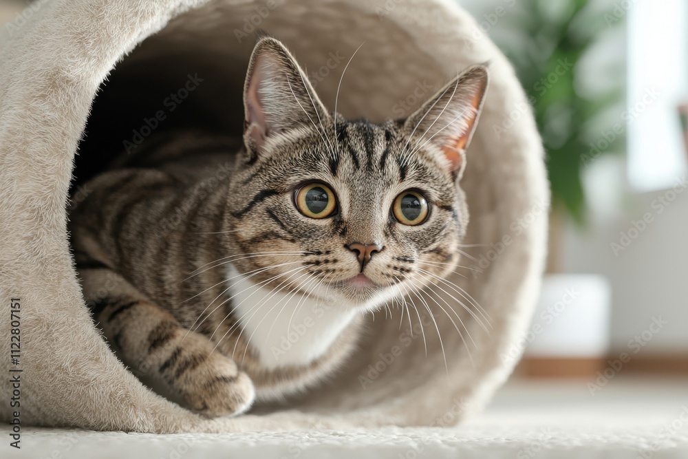 Fototapeta premium Playful cat darting through indoor tunnel engaging feline action cozy home environment close-up view for cat lovers