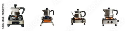 Four modern kitchen blenders displayed in a row against a black background. on transparent cutout, PNG file photo