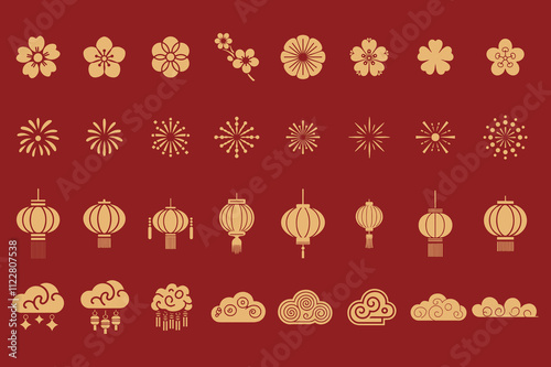 Chinese traditional ornaments frames. Asian decorative borders with lanterns, floral motifs of lotus flower and cherry blossoms. China themed vector elements set. Chinese lunar new year design
