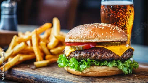 A cheeseburger and fries combo with a soft drink, making for a quick and convenient fast food meal photo