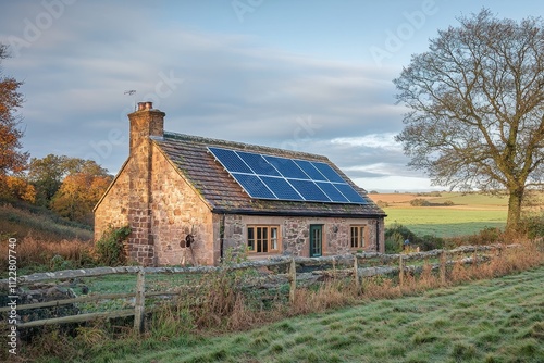 Charming countryside cottage with solar panels highlighting sustainable living in serene rural landscape under a soft autumn sky photo