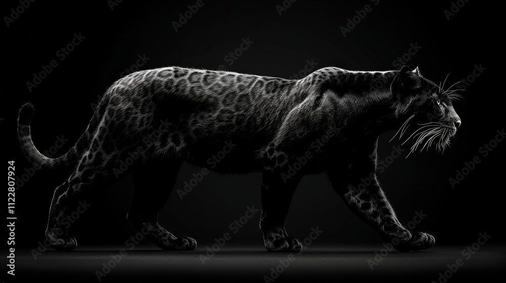 Obraz premium Black panther walking on a black background, lit by a single light. AI generative. .
