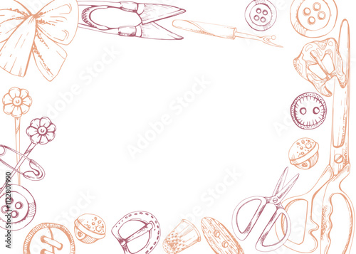 Fabric scissors snaps, pins, wooden buttons ribbon bow tie, red beige, sewing craft supplies. Hand drawn ink vector illustration, isolated frame on white background. Design atelier, tailor, hobby shop