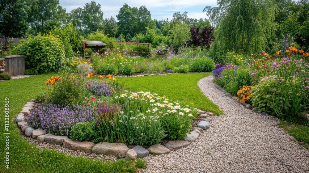 Obraz premium A vibrant garden with diverse flowers and a winding path, showcasing nature's beauty.