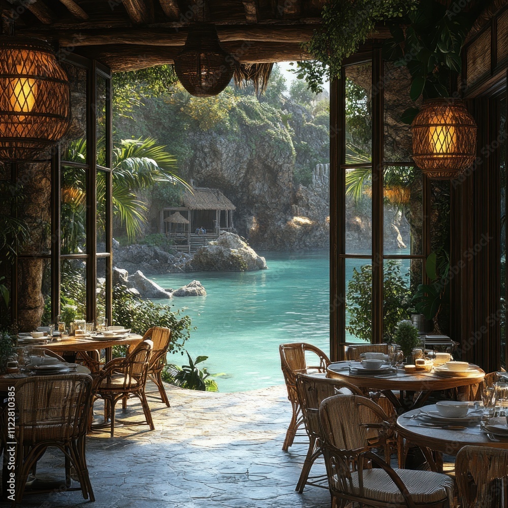 Fototapeta premium A serene restaurant interior overlooking a tranquil lagoon surrounded by lush greenery.