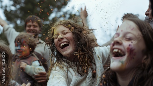 Joyful children laughing and celebrating, faces smeared with bright colors, embody a playful spirit and boundless happiness. photo