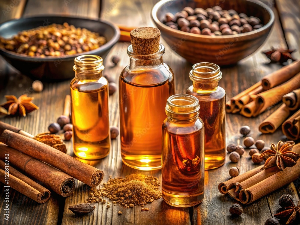 Cinnamon & Clove Essential Oil Bottles - High-Resolution Product Photography Cinnamon & Clove Essential Oil Bottles - High-Resolution Product Photography