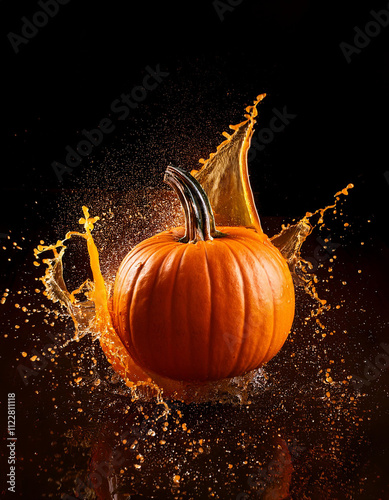 Pumpkin and splashes of orange juice on black background. Autumn vegetable harvest. Diet food photo