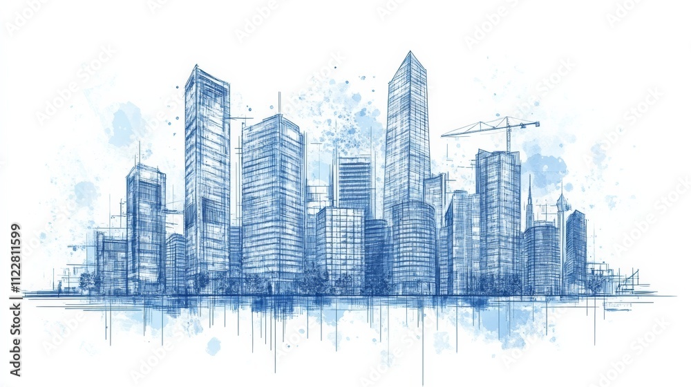Fototapeta premium A city development blueprint with tall buildings and urban infrastructure, focusing on the architectural design and construction of modern cities