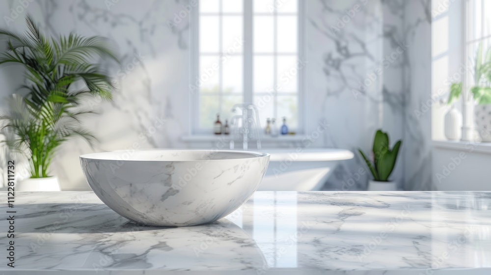 White bathroom interior. Empty marble table top for product display with blurred bathroom interior background. digital ai art White bathroom interior. Empty marble table top for product display with blurred bathroom interior background. digital ai art