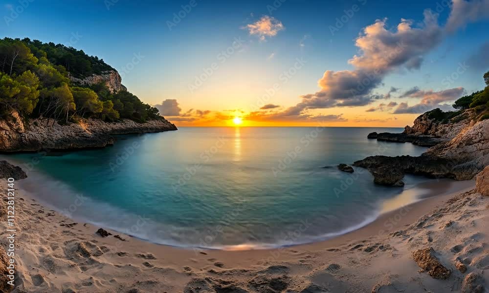Serene beach at sunset with calm waters and cliffs Serene beach at sunset with calm waters and cliffs