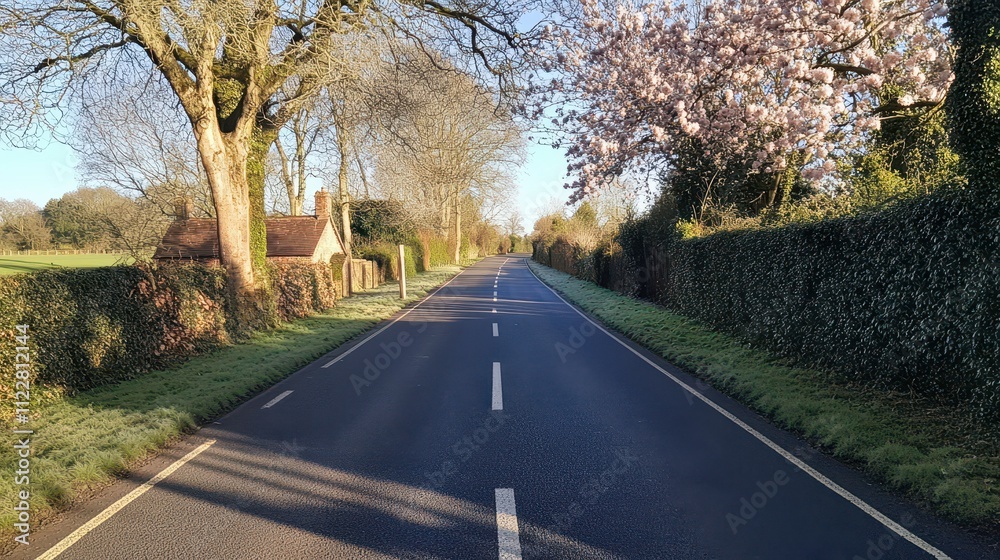 Obraz premium Country road through a rural landscape lined with hedges and trees on a sunny morning.