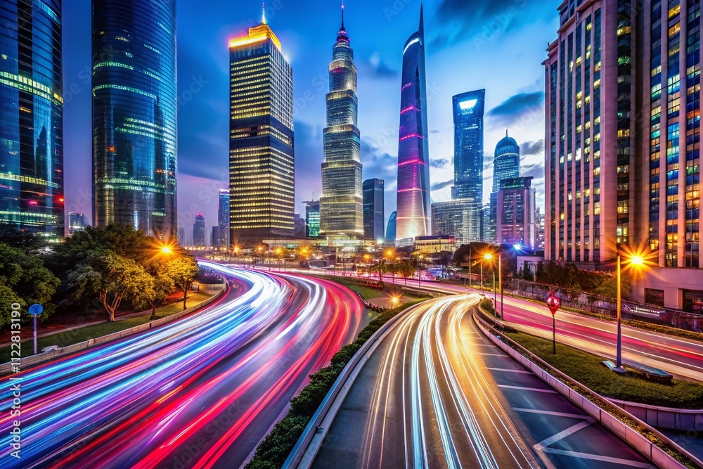 Captivating Nighttime Traffic Light Trails on Bustling Shanghai Streets with a Blend of Urban Life and Vibrant City Lights Creating a Stunning Visual Experience Captivating Nighttime Traffic Light Trails on Bustling Shanghai Streets with a Blend of Urban Life and Vibrant City Lights Creating a Stunning Visual Experience