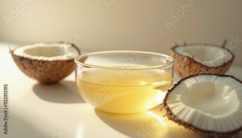 Coconut oil in a glass bowl with coconut halves, warm light, copy space