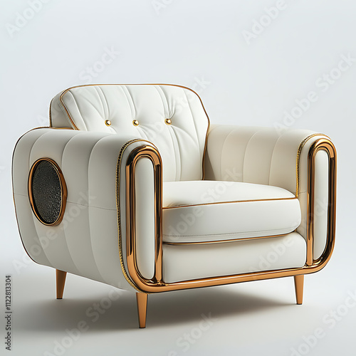 Luxurious white chair with gold accents, featuring tufted upholstery and modern design. Perfect for stylish interiors photo