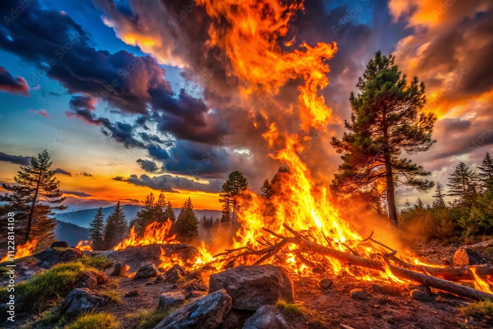 Captivating Panoramic View of Intense Fire Flames, Emphasizing the Danger of Playing with Fire in a Dramatic Natural Setting Captivating Panoramic View of Intense Fire Flames, Emphasizing the Danger of Playing with Fire in a Dramatic Natural Setting